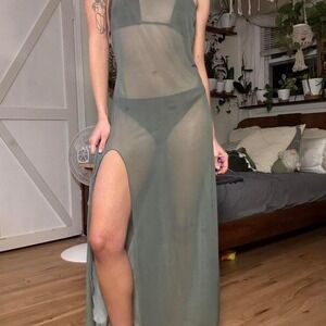 Sage Green Sheer Mesh Maxi Dress Open Back Side Slit Beach Cover Up Festival